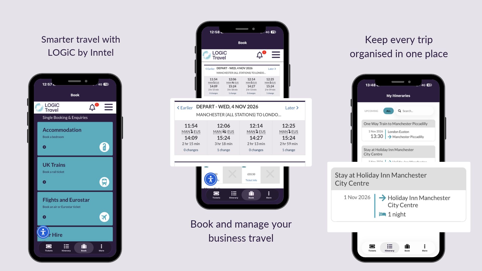 LOGiC by Inntel business travel app showing travel booking and itinerary management features